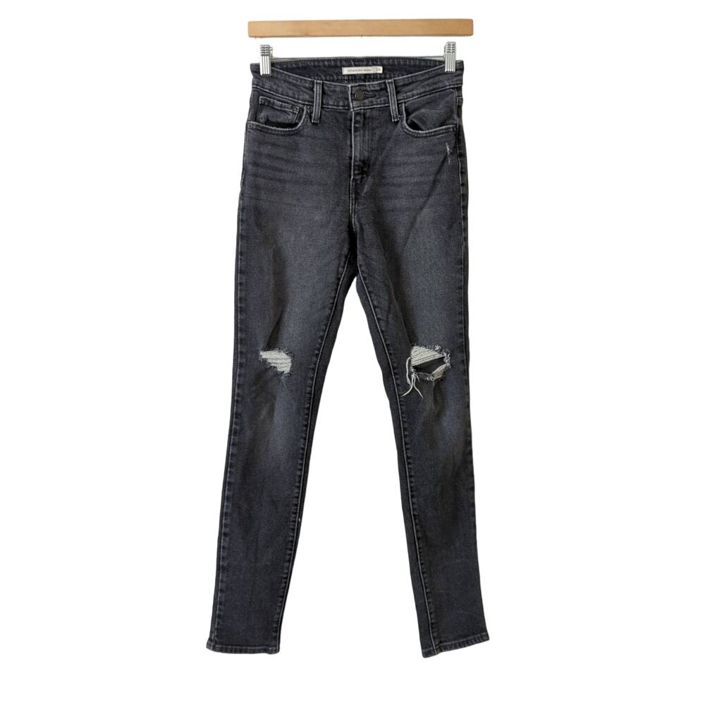 Levi's 721 High Rise Skinny Jeans‎ 26 Distressed Ripped Vintage Wash Black Gray